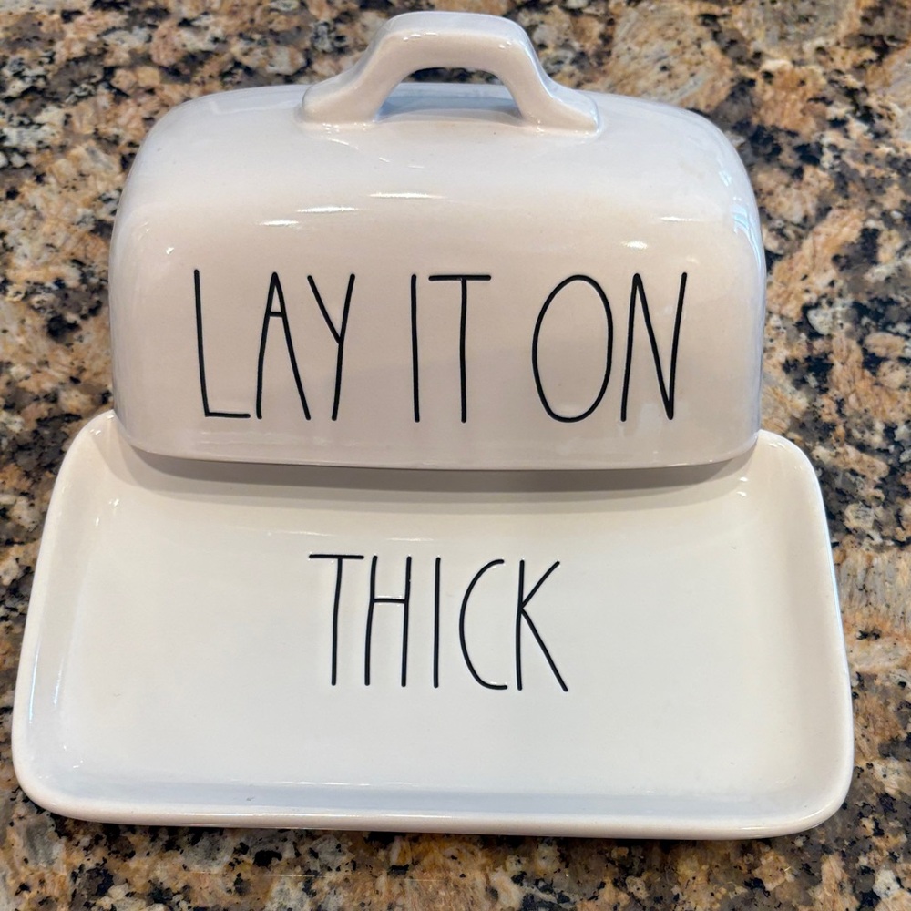 Rae Dunn Cream Butter Dish with Black Text